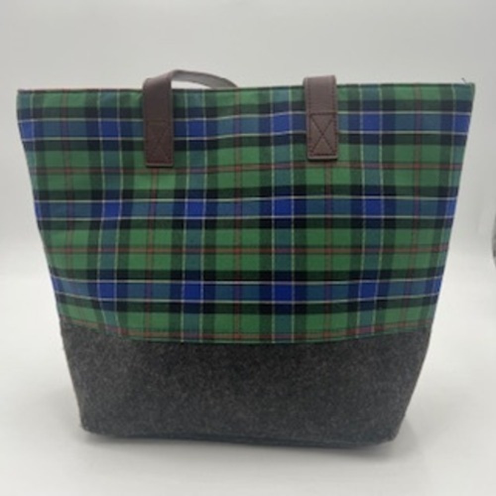Punctuate Green Blue Plaid and Grey Felt Tote Bag Mixed Media Shoulder Bag